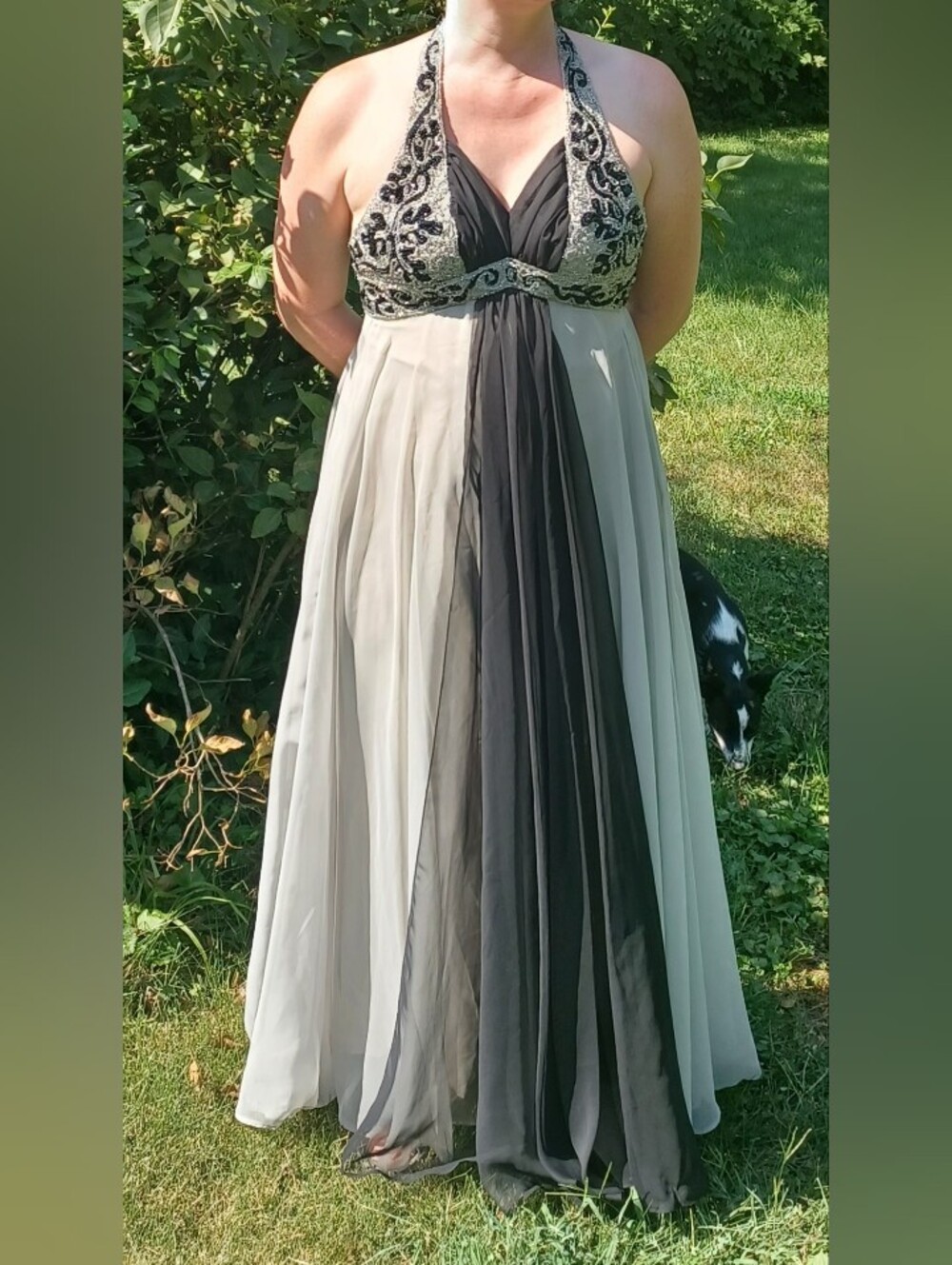 Vintage Mike Benet Black and Gray Chiffon Beaded Halter Gown Size 8